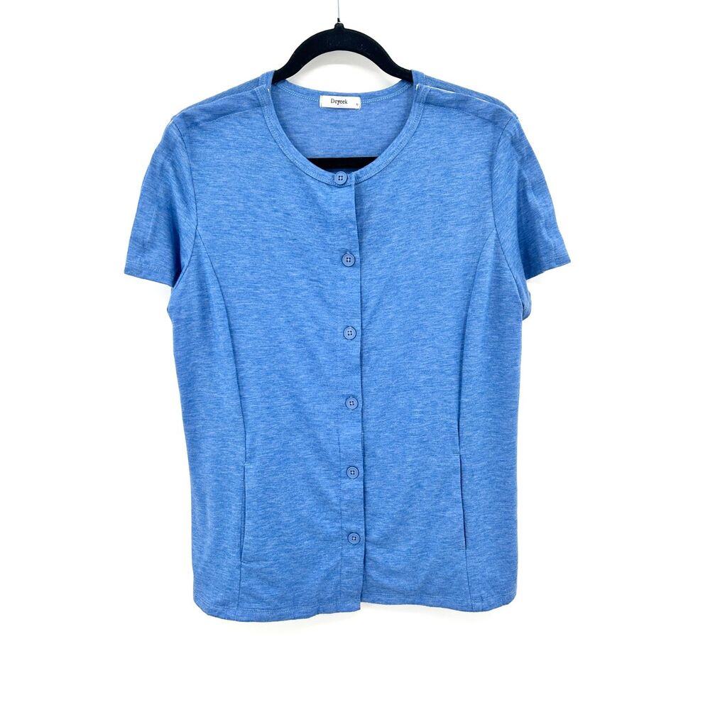 DEYEEK Heather Blue Surgery Recovery Shoulder Arm Button Short Sleeve Top Medium